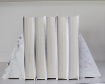 White + Brass Cork /& Mill Marble Bookends Handcrafted Solid Marble Bookshelf Decor Set of 2 Heavy Decorative Book Stoppers with Non-Skid Bottom