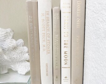 Bundle of tan and cream decorative books, books for staging, vintage books, bookend, shelf display book stack