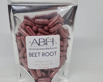 May include: A silver resealable pouch filled with 100 red beet root capsules. The pouch has a label that reads "ABH Alchemy Botanicals & Herbs alchemybotanicalherbs.com Beet Root 500mg per capsule Take 2 Capsules daily 100 Capsules"