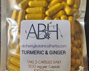 Turmeric & Ginger Root Powder Capsule Blend 500mg 100 Capsules Size 0 Capsule