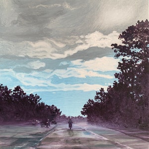 PRINT-Wandering Wilderness, blue and grey sky motorcycle wet road fine art limited edition archival signed numbered, journey searching art