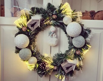 Christmas Wreath Front Door Blue Baubles White Baubles Winter Wreath Christmas Snowman Santa Holiday