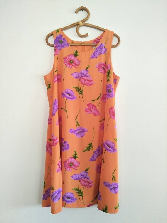 1990s Vintage Orange Floral Summer Dress