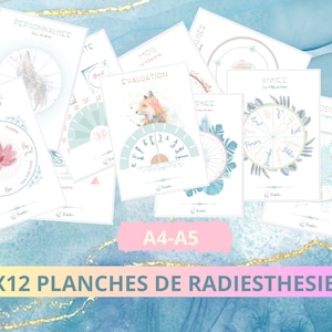 Puede incluir: Doce tablas PDF imprimibles para radiestesia, con una variedad de temas, incluyendo el equilibrio personal, la evaluación mensual y los signos del zodíaco. Las tablas están diseñadas en un esquema de color azul claro y blanco con ilustraciones florales y animales.