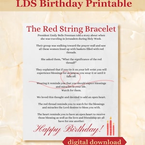 May include: A printable document titled "LDS Birthday Printable" with text about a red string bracelet and blessings. The document includes the text "Happy Birthday!" and a "digital download" graphic. There are also illustrations of candles.