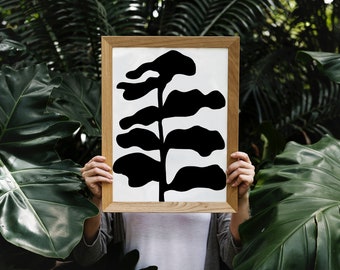 Minimalistische botanische Wandkunst | Schwarz-Weiß-Blattdruck | Digitale Pflanzen Poster Download