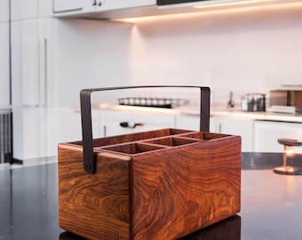 Cesta de palisandro personalizada: soporte rústico para utensilios de cocina y servilletas