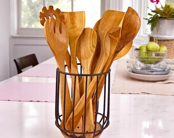 Handcrafted Wooden Spatula Set with Vintage Iron Holder: Eco-Friendly Kitchen Utensils