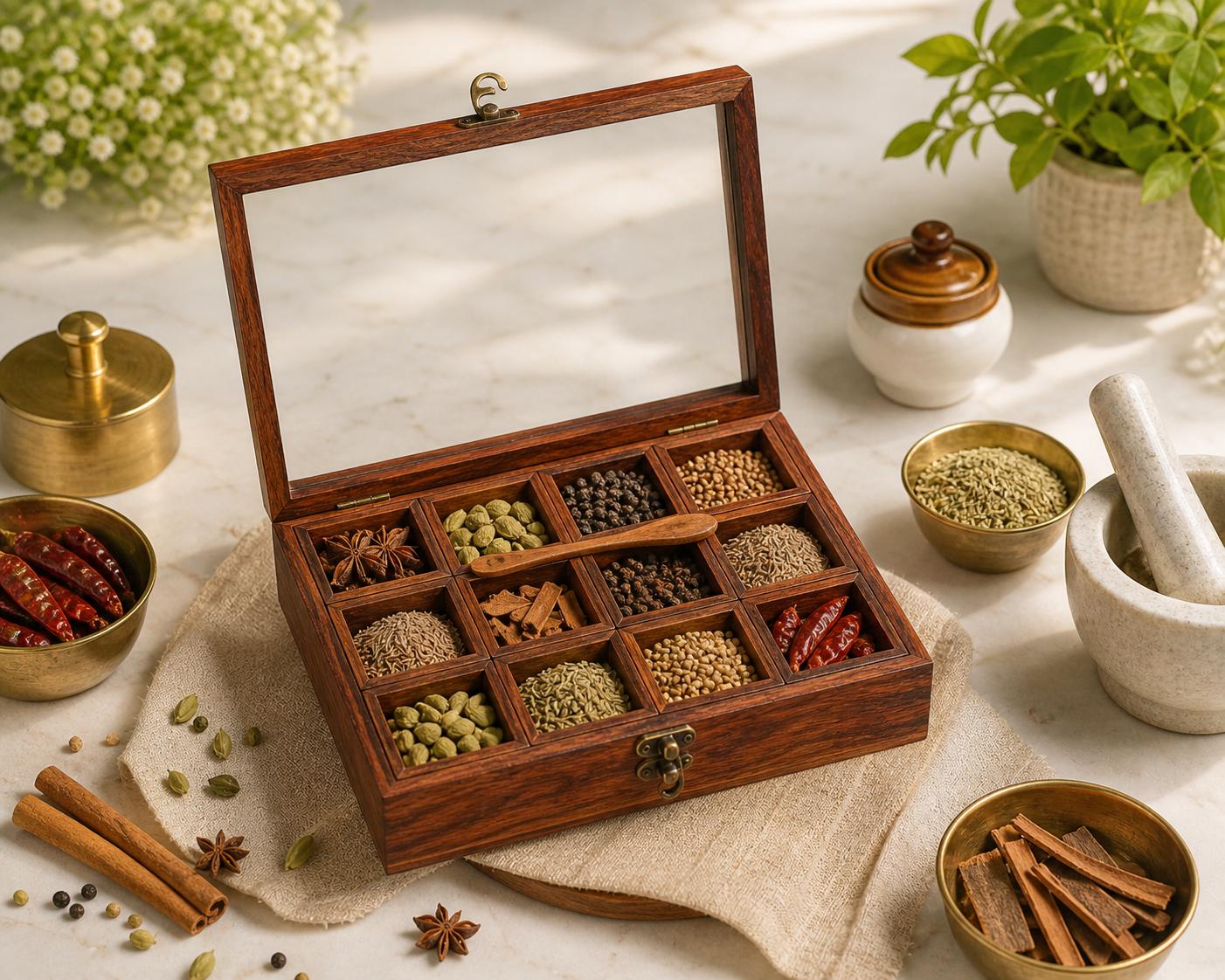 木製手彫りアンティークスパイスボックス 蓋付き インド？ 27cm Vintage indian spice box - Etsy 日本