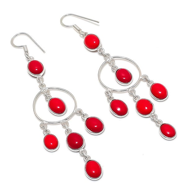 Red Coral Earrings, 6x8 mm Red Bamboo Coral Cabochons in Antique Sterling Silver Setting, Red Drop Dangle Earrings, Red Coral Earrings