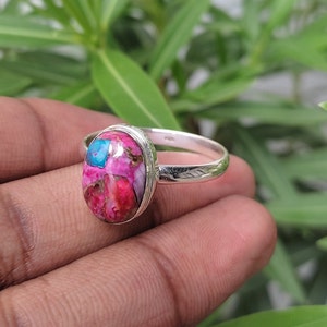 Turquoise Ring, Natural Kingman Pink Dahlia Turquoise, Kingman Oyster Turquoise Ring, Pink Spiny Oyster, Sterling Silver Ring, Handmade Ring