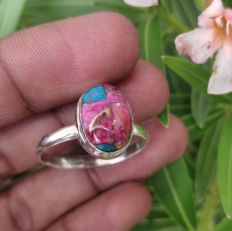 Turquoise Ring, Natural Kingman Pink Dahlia Turquoise, Kingman Oyster Turquoise Ring, Pink Spiny Oyster, Sterling Silver Ring, Handmade Ring image 3