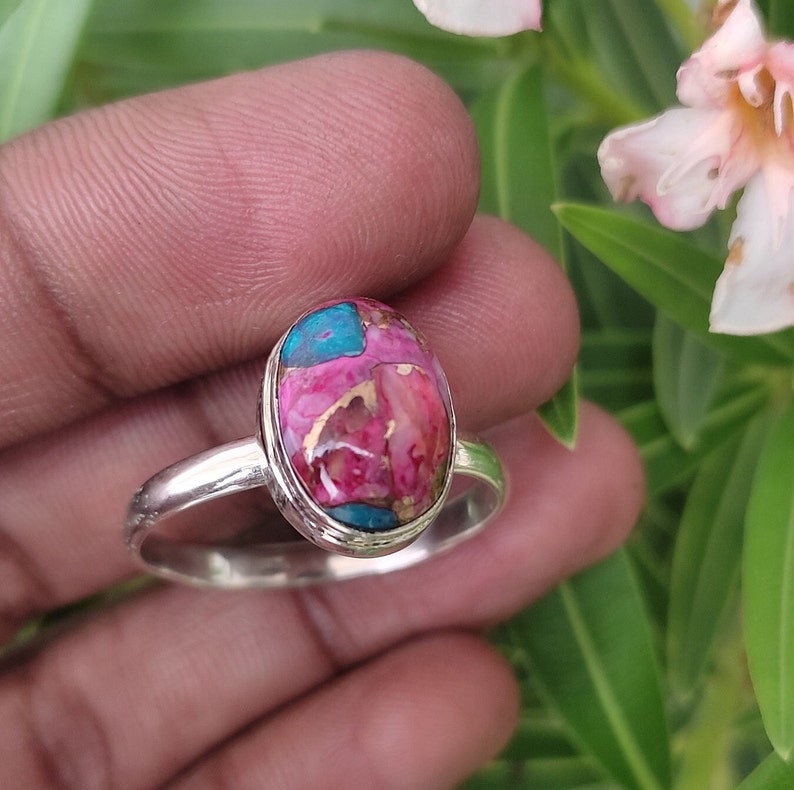 Turquoise Ring, Natural Kingman Pink Dahlia Turquoise, Kingman Oyster Turquoise Ring, Pink Spiny Oyster, Sterling Silver Ring, Handmade Ring image 10