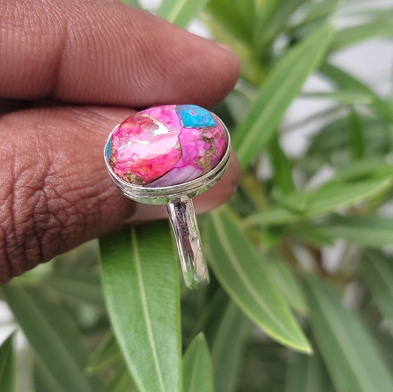 Turquoise Ring, Natural Kingman Pink Dahlia Turquoise, Kingman Oyster Turquoise Ring, Pink Spiny Oyster, Sterling Silver Ring, Handmade Ring image 6