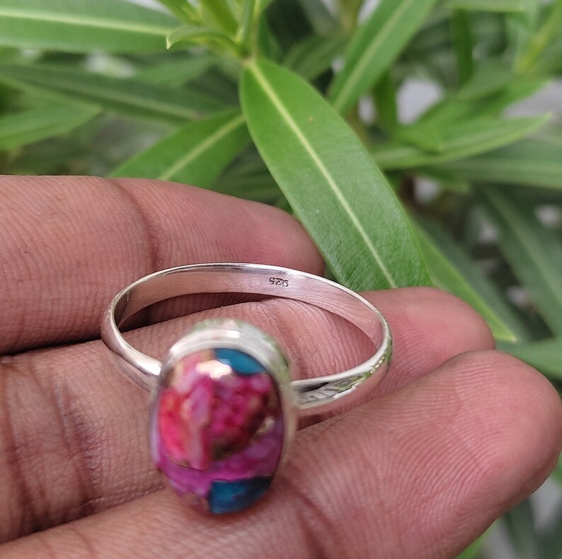 Turquoise Ring, Natural Kingman Pink Dahlia Turquoise, Kingman Oyster Turquoise Ring, Pink Spiny Oyster, Sterling Silver Ring, Handmade Ring image 4