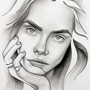 May include: Black and white pencil drawing of a woman with long hair, looking down with a thoughtful expression. Her hand is resting on her chin, and she is wearing a ring on her finger.