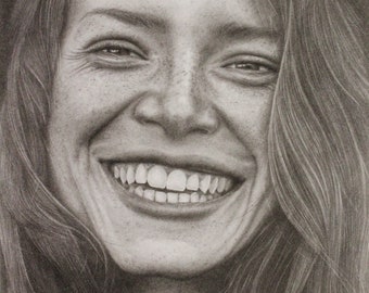 Mujer sonriente, retrato a lápiz, obra de arte original, dibujo de retratos