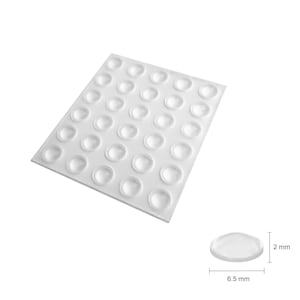 May include: A sheet of 36 clear, round, adhesive furniture pads. Each pad measures 6.5 mm in diameter and 2 mm in height.