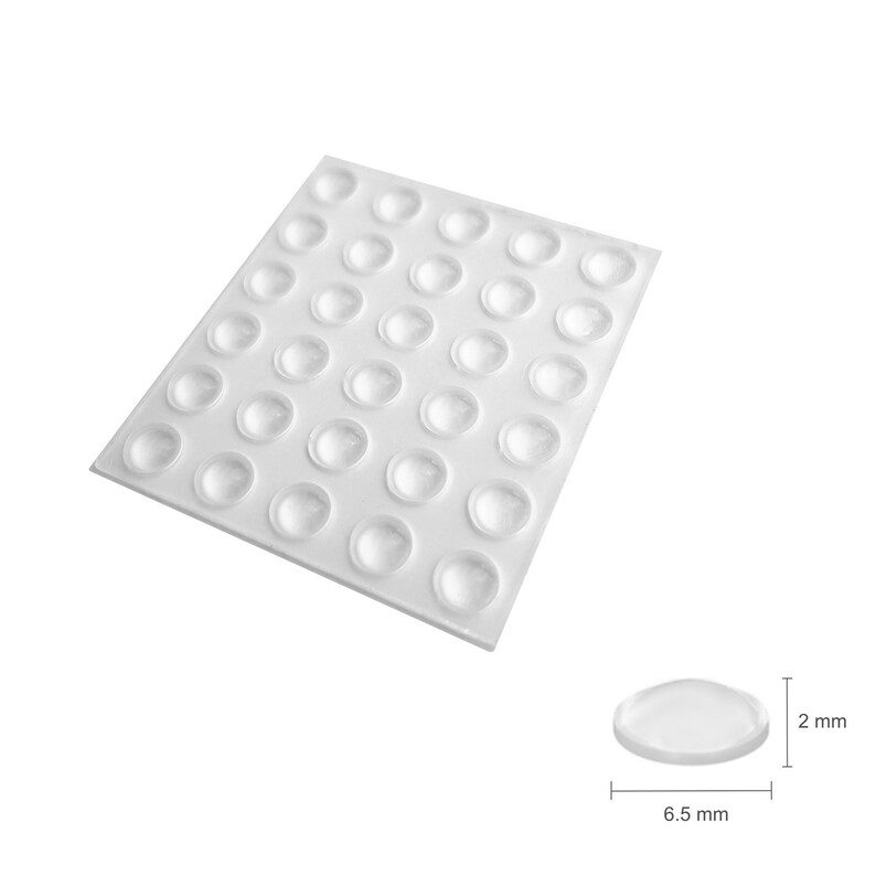 Pu&ograve; includere: Un foglio di 36 cuscinetti adesivi rotondi trasparenti per mobili. Ogni cuscinetto misura 6,5 mm di diametro e 2 mm di altezza.