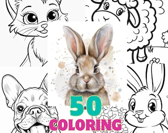 50 Animals Coloring Pages Activity for Kids Preschoolers Toddlers Children - Homeschool Kindergarten Printable Digital Coloring Book