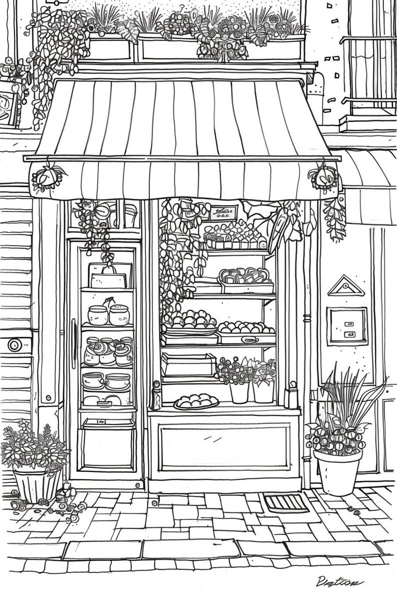 Storefronts Designs Coloring Book for Adults 35 Cozy Printable Pages for Relaxation Bookstore ...