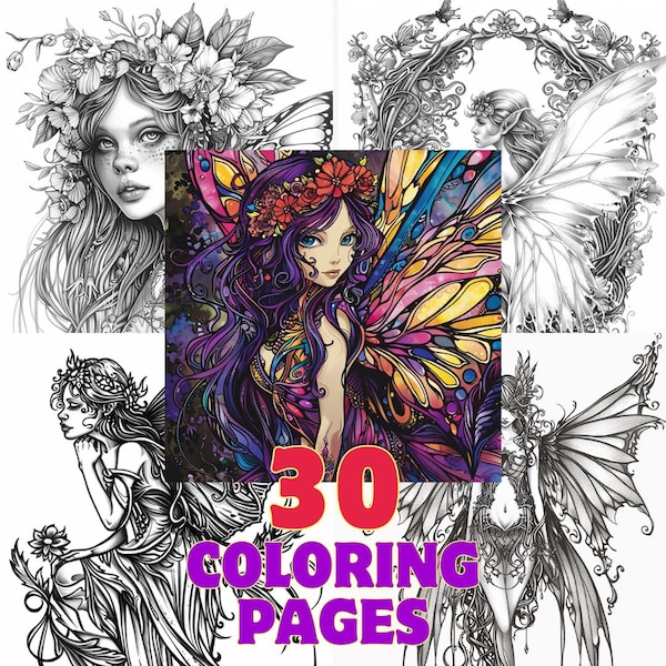 30 Mythical Fairy Coloring Pages - Adult And Kids Coloring Book, Fantasy Coloring Sheets, Instant Download, Printable PDF File, Gothic Fairy