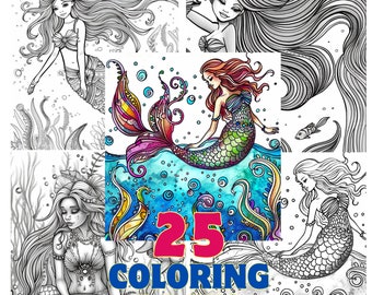 25 Mythical Mermaid Coloring Pages - Adult And Kids Coloring Book, Fantasy Coloring Sheets, Instant Download, Printable PDF File.