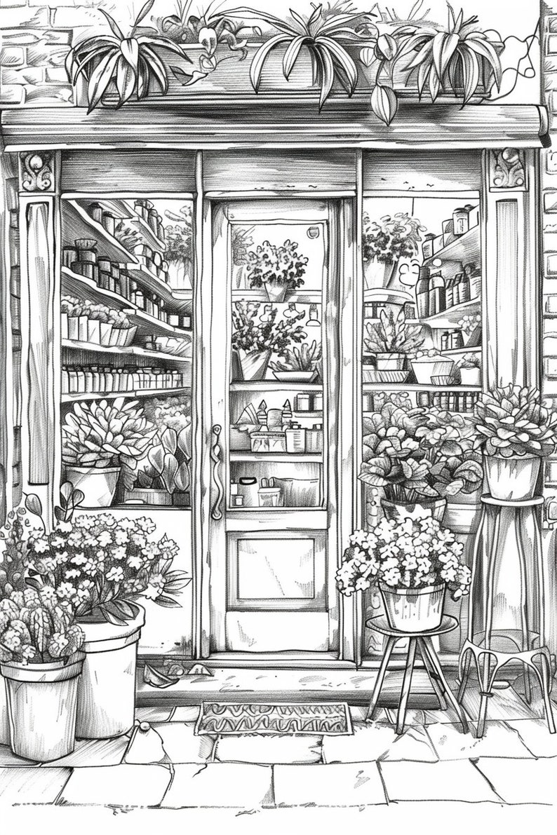 Storefronts Designs Coloring Book for Adults | 35 Cozy Printable Pages for Relaxation ...