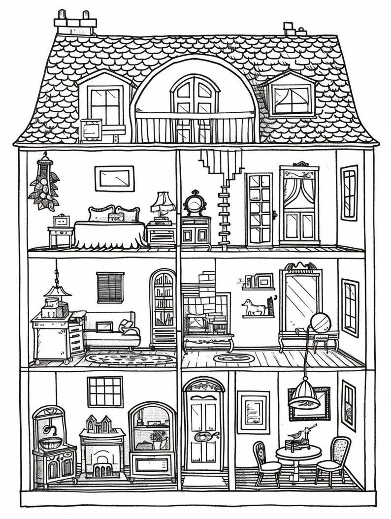 30 Detailed Dolls House Coloring Pages - Adult and Kids Coloring Book