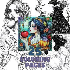 Coloriages d'Halloween, livre de coloriage effrayant pour adultes, Blanche-Neige, 25 pages d'horreur à imprimer pour se détendre, pomme empoisonnée