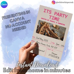 May include: A printable party invitation with a photo of people toasting with champagne glasses. The invitation says "It's Party Time" and includes the date, time, location, and RSVP information. The text "Free Editing in Canva, No Account Needed" is on the left side of the image.
