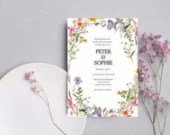 Boho Wildflower Wedding Invitation Template, Floral Wreath PDF Printable, Customizable/Printable Wedding Invitation, Wedding Invitation Card