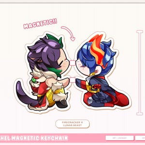 May include: A Settphel magnetic keychain featuring two anime-style characters, one with purple hair and the other with blue and red hair. The keychain is 2.5 inches tall and has the text "MAGNETIC!!" above the characters.