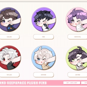 Love and Deepspace Plush Button Pins (med Sylus, Caleb, Rafayel, Zayne, Xavier) + Iso från Valorant