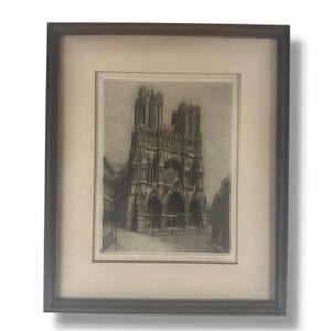 Victor Valery Original Etching Reims Cathedral France Signed Framed early 1900&#39;s