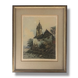 Karl Tucek Signed Etching Durnstein Austria Hand-Colored Framed c.1920s
