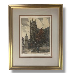 Roger Hebbelinck St. Bavo’s Cathedral Aquatint Etching Signed 294/350 Framed VTG