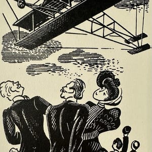 May include: A black and white ink illustration depicting a biplane flying overhead while a group of people in formal attire look up at it. The scene features stylized clouds and a signature at the bottom, capturing a historical aviation moment.