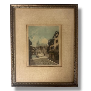 Rhys Jenkins Etching Chartres Cathedral Street Scene Signed c.1920s Framed Art