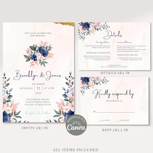 Floral Wedding Invitation Set Template, Wedding Invitations, Blue and Pink, Editable Template, Instant Download, Printable Wedding Invite