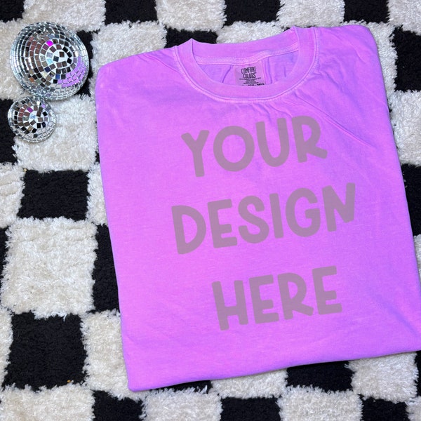 Comfort colors neon violet trendy checkered flat lay mock up digital