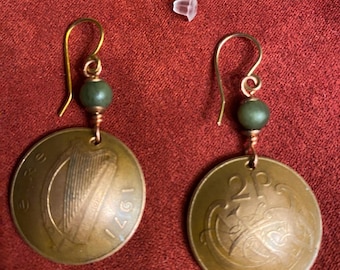 Artisan Made-to-Order Irish 2 Pence Coin and Connemara Marble Earrings
