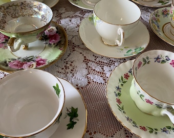 Vintage Shades of Green Mix Fine Bone China Teacup and Saucer Sets Mix and Match Tea Service Tableware Party Favors - Your Choice of Sets
