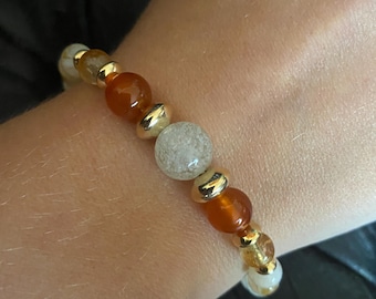 Natural Libyan Desert Glass / Citrine / Carnelian Gemstone Stretch Bracelet Gold Filled Accent Beads 7” Wrist Size