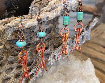 Fire Polished Hammered Copper Women and Royston Turquoise Earrings
