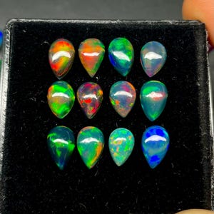12 Pcs Lot Box Black Opal Cabochon, AAA++ Grade Quality  Black Ethiopian Opal Gemstone Cabochon, Welo Opal, Pear Shape Opal, Multi Flash