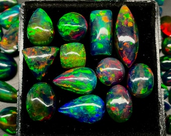 12 Pcs Lot Box Black Opal Cabochon, AAA Grade Quality  Black Ethiopian Opal Gemstone Cabochon, Welo Opal, Mix Shape Opal, Multi Flash