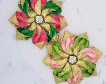 Custom Handcrafted Ribbon Kanzashi Flower Corsage Brooch, AKA Golden and Silver Star Status, Magnetic backing