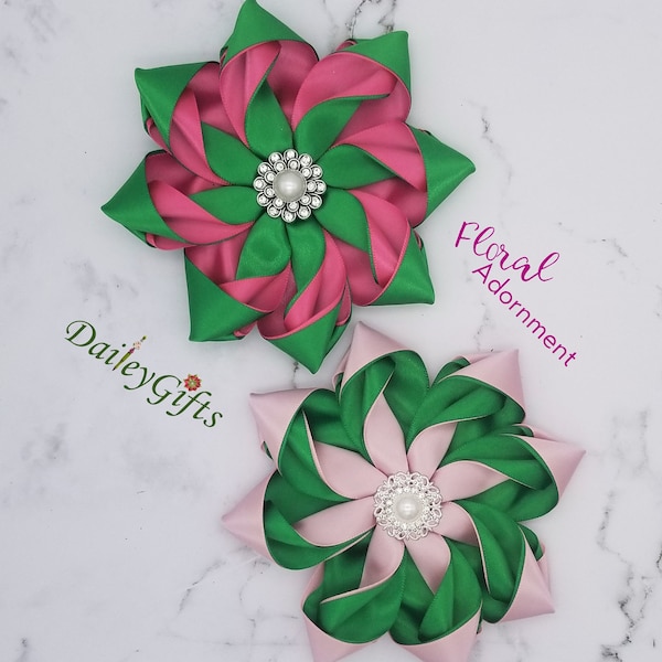 Custom Handcrafted Ribbon Kanzashi Flower Corsage Brooch, Pink and Green, Magnetic backing