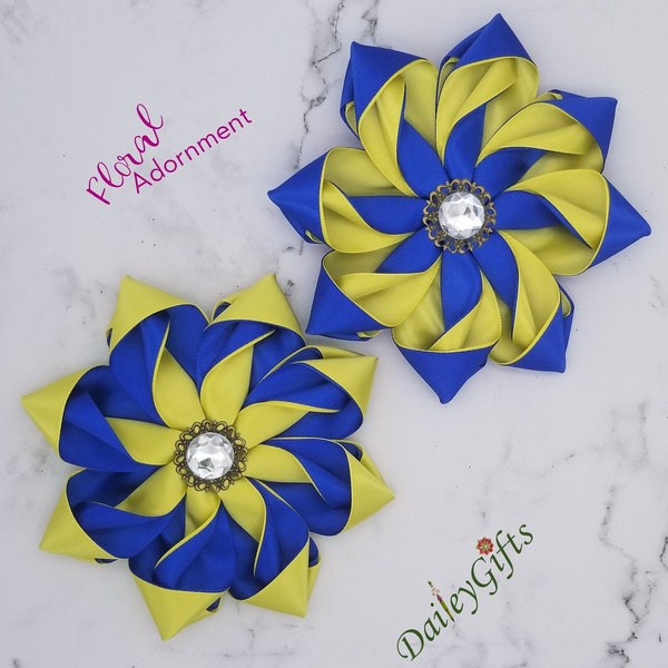 Custom Handcrafted Ribbon Kanzashi Flower Corsage Brooch, Blue and Yellow, Magnetic backing